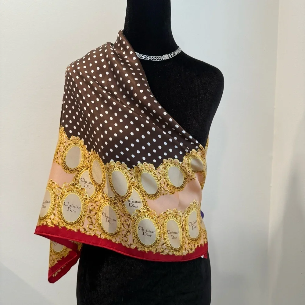 Authentic Christian Dior Brown and Gold Scarf with Red Trim